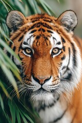 Fototapeta premium tiger prowling lush jungle foliage, intense eye contact portrait