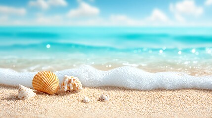 tropical beach with soft waves and seashell accents under sunlight
