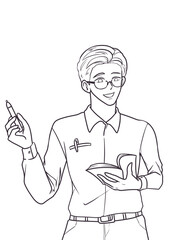 Teacher with Glasses Teaching in Classroom – Holding Book and Pointing at Whiteboard with Marker – School Education Scene with Male Educator