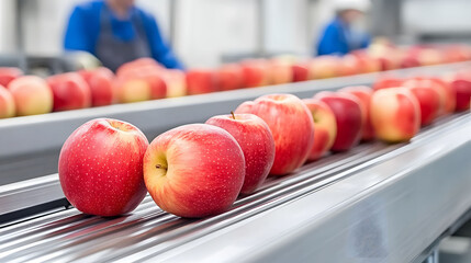 Fresh red apples are moving along a conveyor belt in a processing facility, showcasing the sorting and packaging process in a modern agricultural setting