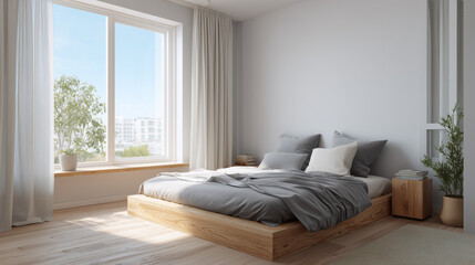 Obraz premium Cozy Bedroom Interior With Wooden Bed Frame And Natural Light From Large Window
