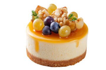 Grape caramel cheesecake with nuts isolated on transparent background