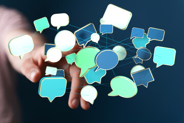 Hand interacting with a network of speech bubbles, symbolizing global communication and social...