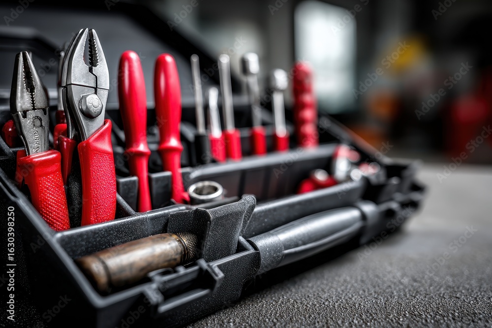 Poster a black toolbox neatly filled with red-handled pliers and screwdrivers.