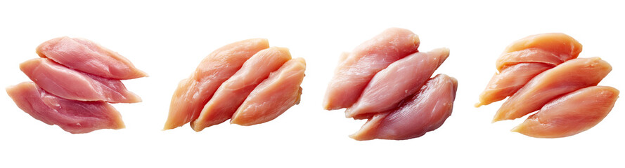 Raw chicken breast slices in four separate sets isolated on transparent background