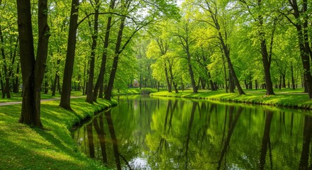 Obraz premium Nature wallpaper. Scenic River Flowing Through Lush Green Forest in Springtime