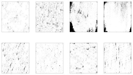 Set of black and white grunge distress overlay texture. Surface dust and rough dirty wall background concept. 