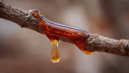 Fototapeta premium Amber-colored resin drips from a branch (1)