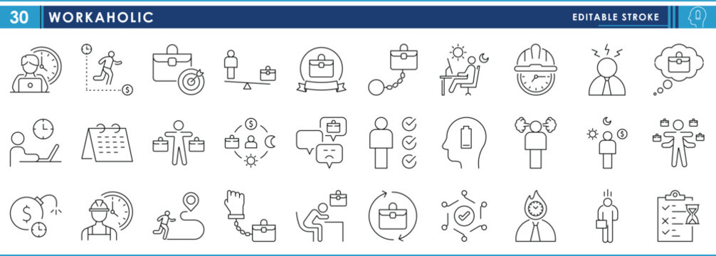 A set of line icons related to Workaholic. Work, stress, overtime, checkmark, industrial, deadline, pressure, and so on. Vector editable stroke.