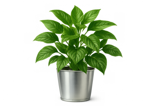 Verdant foliage growing in sleek silver container, positioned against clean transparent backdrop for seamless design integration
