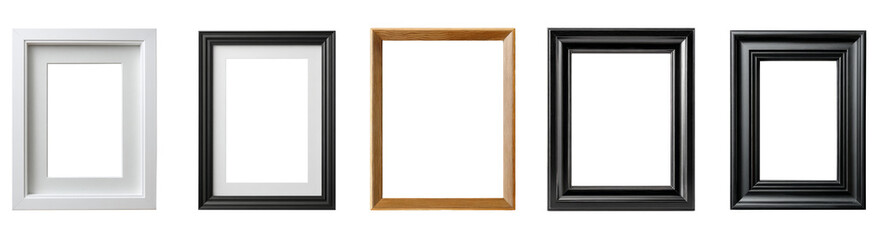 Collection of five empty picture frames in various colors isolated on transparent background