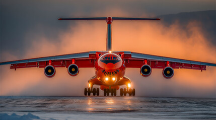 Large cargo aircraft with a striking red design is preparing for takeoff on a runway, surrounded by mist and dramatic lighting, showcasing aviation technology and power