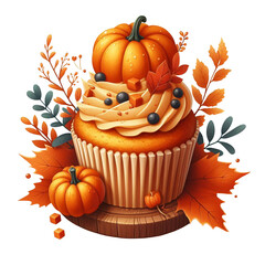A festive cupcake decorated with a pumpkin and autumn leaves on a wooden stand for thanksgiving day