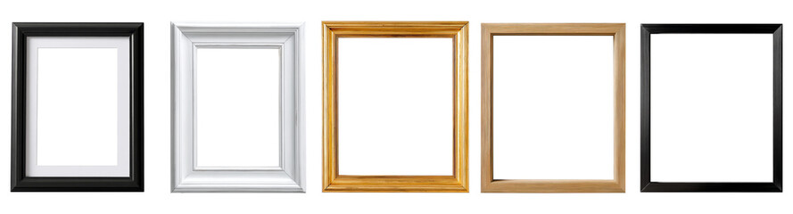 Set of five empty picture frames in black, white, and gold colors isolated on transparent background