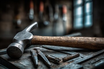 Classic hammer with wooden handle, pliers, and tools on workshop bench.