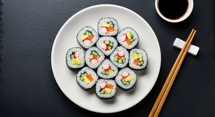 top view of maki Rolled sushi on plate served with sauce 