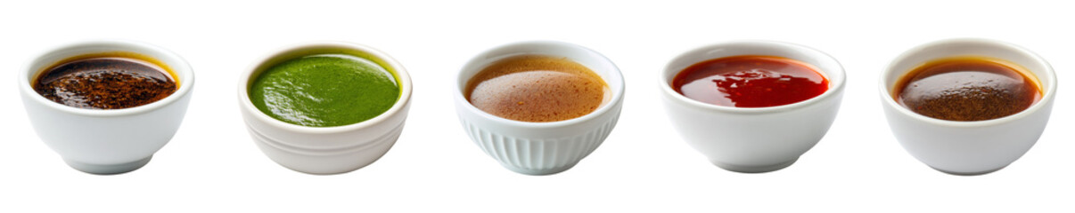 Variety of dipping sauces in white ceramic bowls isolated on transparent background