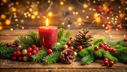 Warm christmas scene with a candle, pine branches, and berries on a rustic wooden background, creating a cozy and festive atmosphere for the holiday season