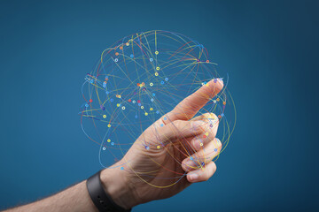 Abstract image of a hand interacting with a digital network sphere.  Perfect for tech, connection,...