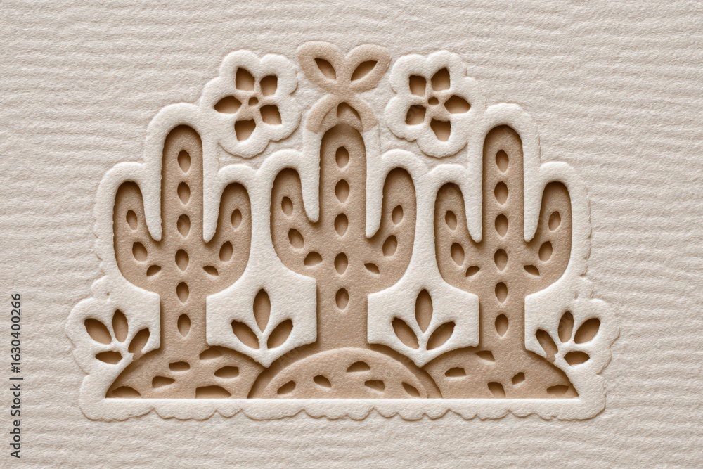 Poster intricate cut-out design of cacti and floral patterns on textured background reflecting artistry in 
