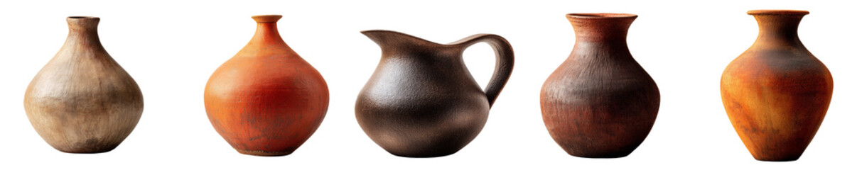 Set of rustic clay pottery vases and jugs isolated on transparent background