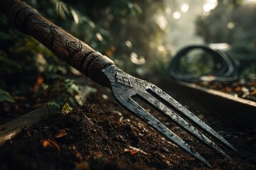 Rustic garden fork with detailed handle resting in dark, fertile soil.