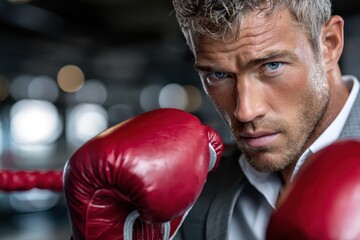 Boxer in formal attire prepares for match in training facility with focused expression