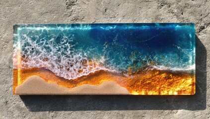 Resin art piece depicting a beach scene.  Acrylic rectangle,  ocean, sand, waves,  aqua, gold,  abstract