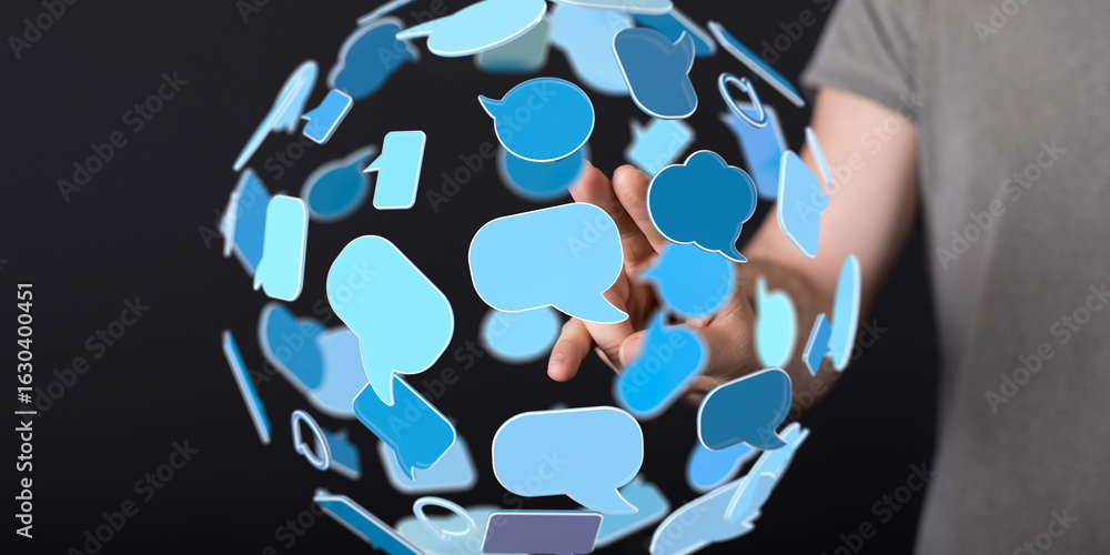 Poster abstract image depicting global communication, networking, and connection through chat bubbles.