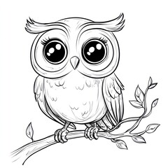 Fototapeta premium Cute owl perched on a branch, outlined in black ink