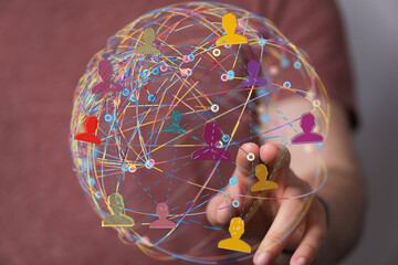 Illustrates global networking, connection, and community. Diverse people connected on a digital...