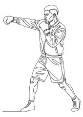 Continuous line drawing of a boxer wearing boxing gloves and punching.