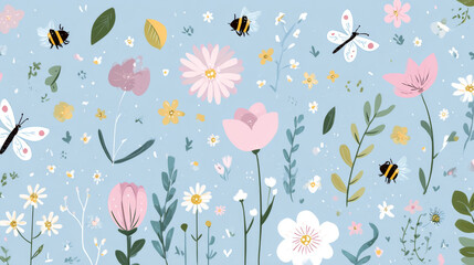 Background and banner decorated with pastel colors blooming flowers and leaves. Spring, Easter, Summer theme with dragonfly, butterfly and bee. Flat vector illustration in flat folk geometric style.