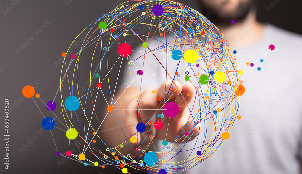 Poster abstract image of a hand interacting with a vibrant network sphere. ideal for technology, connection