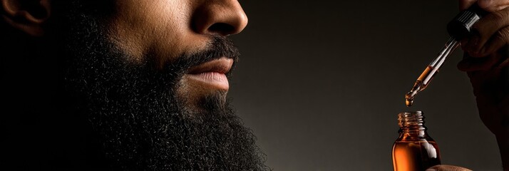 Bearded Man Applies Beard Oil for Grooming in a Modern Setting, Showcasing Self-Care Rituals and Grooming Techniques