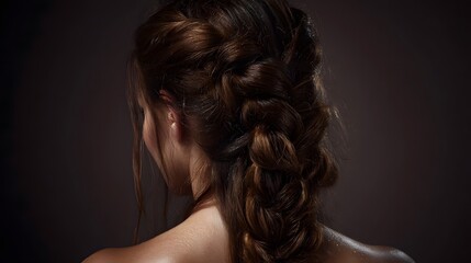 Fototapeta premium Intricately braided hair in a stylish French braid hairstyle from the back view