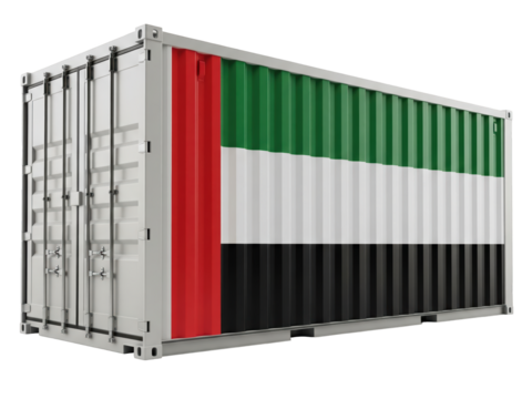 cargo container with United Arab Emirates flag on transparent background