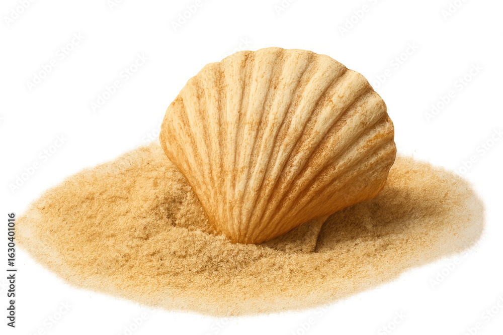 Poster vertical seashell resting on sandy surface, transparent backdrop highlighting nautical summer design
