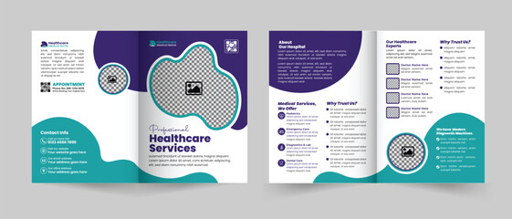 Medical and healthcare service bifold brochure design or hospital clinic promotion 2-fold brochure template, Multipurpose template with cover, back, and inside pages layout