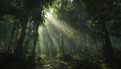 Sunlight streams through a dense, misty rainforest