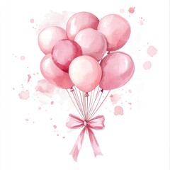 Watercolor bunch of pastel pink balloons tied with a ribbon