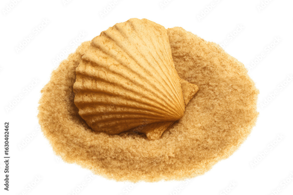 Poster delicate scallop shell resting on smooth sandy surface, white backdrop highlighting nautical minimal