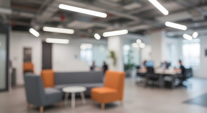 Abstract blurred interior of a contemporary corporate office or coworking space. Ideal for business backgrounds and presentations.
