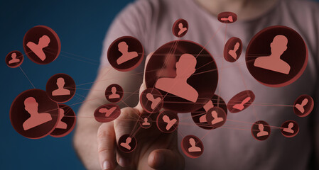 Person interacting with a digital network of connections, representing social media, online communities, or networking.