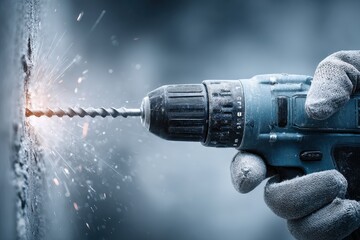 Close-up of a person using a power drill to make a hole in a wall, with sparks flying.
