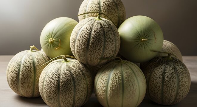 Pile of Cantaloupe: An artistic composition showcasing a collection of fresh cantaloupe melons, carefully arranged to create a harmonious still life with a soft background and gentle lighting. - Powered by Adobe