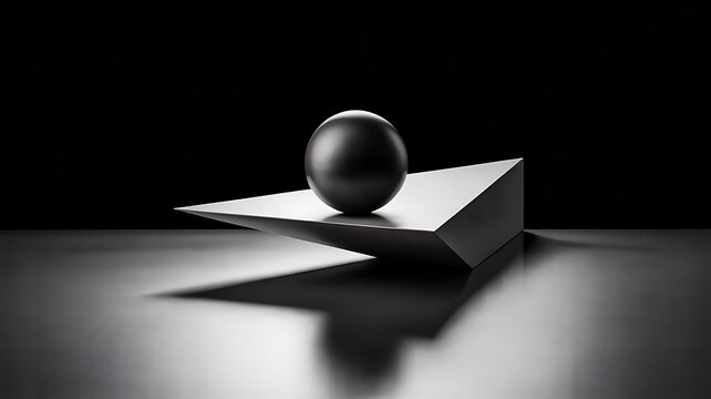 Abstract black and white 3d sphere balancing on tilted square platform with dark background
