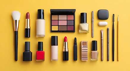 Flatlay of various makeup products on a vibrant yellow background