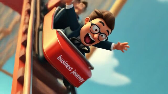 funny cartoon entrepreneur or businessman riding roller coaster, symbolizing exciting business journey. humorous illustration of risk, stress, dynamic challenges in corporate or entrepreneurial life