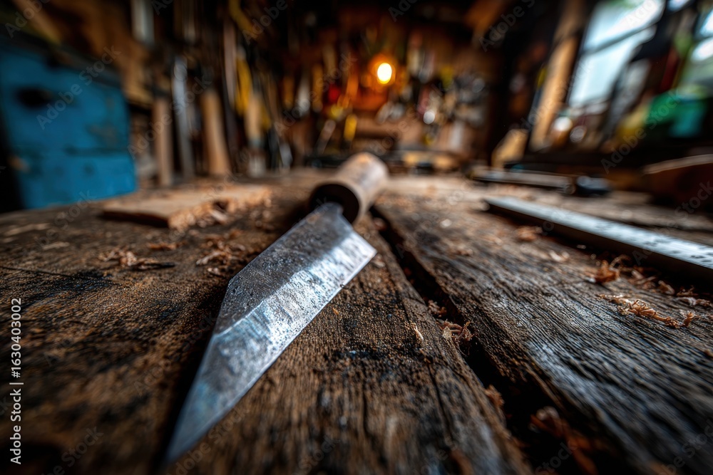 Poster a sharp chisel resting on a rustic wooden workbench with wood shavings.